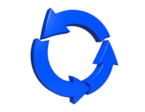 A glossy blue 3D refresh or repeat arrow symbol with smooth progress indicators follo 