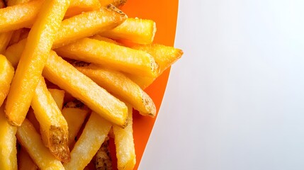 Crispy Golden French Fries on Orange Background Closeup Shot