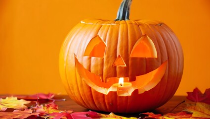 Carved Pumpkin on Halloween: A captivating shot featuring a carved pumpkin with a flickering candle within, set against a vibrant orange background, invoking the spirit of the Halloween season.
