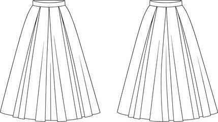 Long pleated skirt front back view, fashion cad design, vector clothing illustration, technical garment drawing, outline sketch, template flat