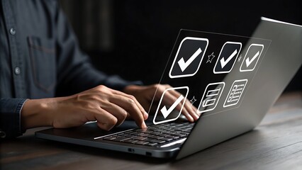 Man using laptop with digital checklist interface, symbolizing task management and productivity in modern business operations and achieving goals.