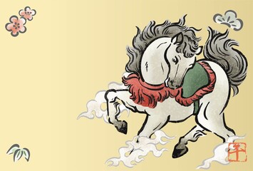 午年　干支　2026年　年賀状　年賀2026　午　馬　墨絵　水墨画　手描き　和風　モダン　イラスト