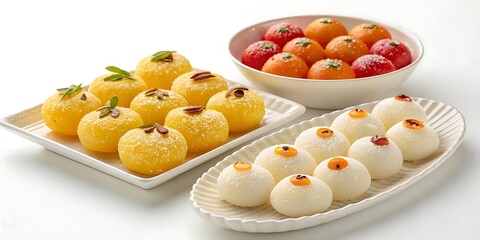 Popular Bangladeshi sweets including cham cham, sandesh, and roshogolla, displayed beautifully in a festive assortment. White background