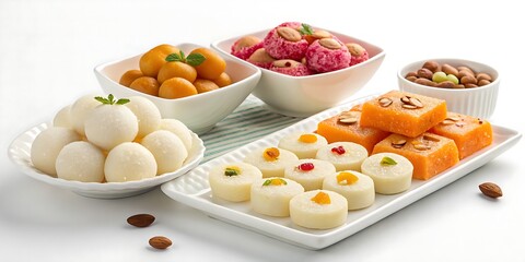 Popular Bangladeshi sweets including cham cham, sandesh, and roshogolla, displayed beautifully in a festive assortment. White background