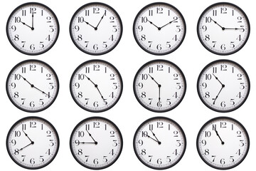 A set of classic round analog wall clocks with black frames and bold numbers, each showing a...