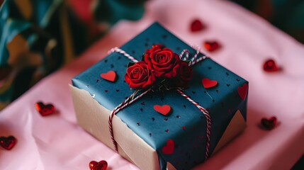 Romantic Gift Box with Red Roses and Hearts for Valentines Day