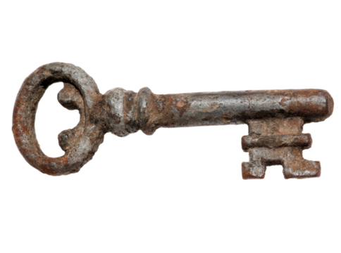 Antique rusty metal key old skeleton key vintage door key, On Transparent Background, Png