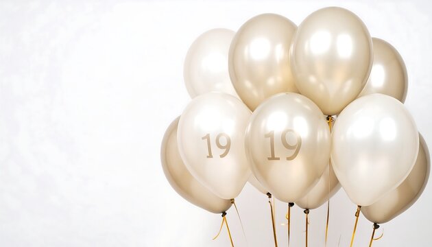 Bunch of beige and cream balloons, gold number 19