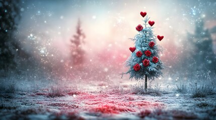 Enchanted Winter Rose Tree with Hearts: Romantic AI Art