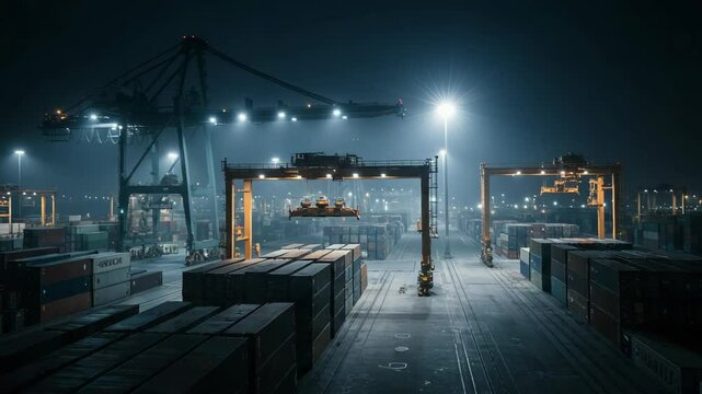 Stacks of shipping containers loaded by cranes at a port under artificial lighting during night operations. Automated cranes manage container stacks in cool, industrial tones.
