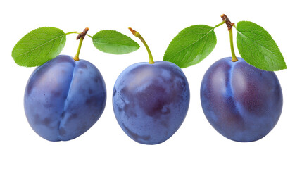 Obraz premium Ripe isolated plum fruit on transparent background with green leaf fresh and natural