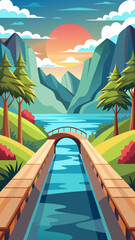 Tranquil Sunset Landscape. Serene Mountain Lake with Bridge