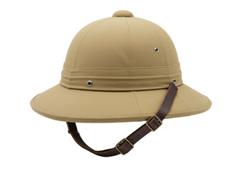 Fototapeta premium Light tan khaki pith helmet with dark brown leather chin strap, metal buckles, and silver grommets, against a transparent isolated background with studio lighting, ultra photorealistic product