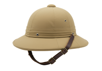 Light tan khaki pith helmet with dark brown leather chin strap, metal buckles, and silver grommets, against a transparent isolated background with studio lighting, ultra photorealistic product