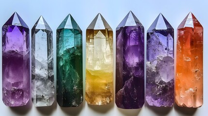 Vibrant Crystal Points: Amethyst, Clear Quartz, Green Fluorite, Citrine, Purple, Orange Collection