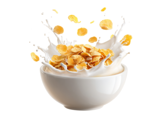 Delicious corn flakes cereal splashing in milk bowl, On Transparent Background, Png