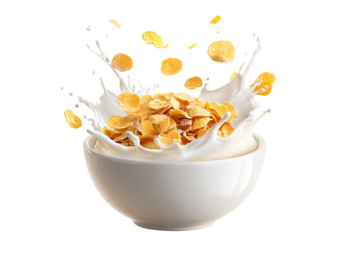 Delicious corn flakes cereal splashing in milk bowl, On Transparent Background, Png