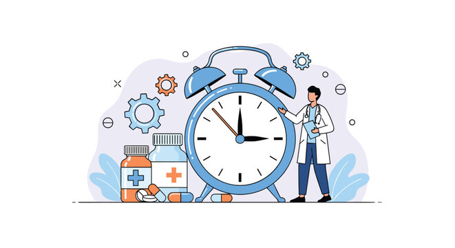 Doctor checking time with medical pills and bottles in front of large alarm clock illustration
