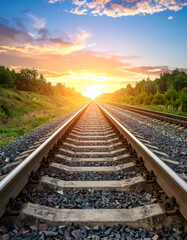 Fototapeta premium Sunset Railway Tracks Landscape.