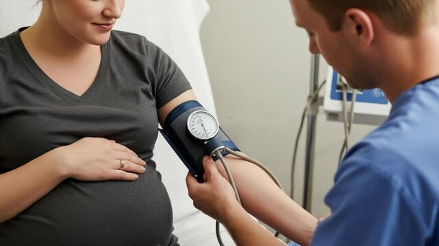 A pregnant woman has her blood pressure checked by a doctor during a prenatal examination, ensuring her health and the babys wellbeing