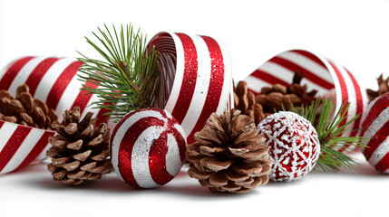 Red and white striped ribbon coiled next to festive pinecones and ornaments, white background.