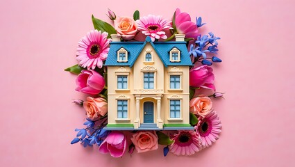 Charming Dollhouse Surrounded by Spring Flowers on Pink Background