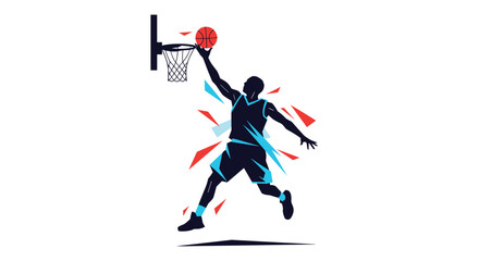 Dynamic basketball player executes powerful slam dunk with explosive energy and focus