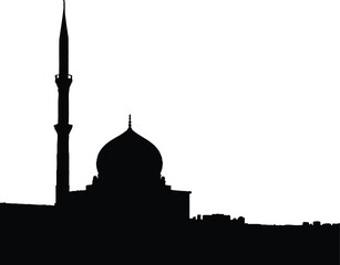 Mosque Silhouette Vector Featuring Black Icon of Islamic Architecture with Prominent Dome and Slender Minaret on White Background for Religious, Cultural, and Minimalist-Themed Design