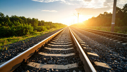 Fototapeta premium Sunset Train Tracks with Journey Ahead.