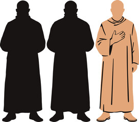 Three Robed Figure Silhouettes Featuring Two Black Icons and One Tan-Colored Variant with Hand on Chest Depicting Cultural or Spiritual Gesture for Tradition, Identity, and Minimalist-Themed Design