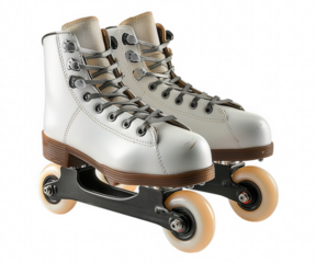 Classic white roller skates with tan wheels isolated on transparent background