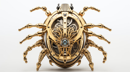 Naklejka premium Golden mechanical spider with intricate clockwork gears and steampunk design, isolated on white background, futuristic cyber insect sculpture, sci-fi robotics and ornamental engineering