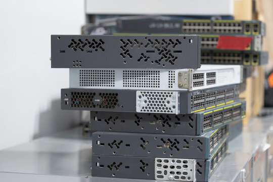 Old Stackable Network Switches in Warehouse