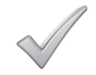 A three-dimensional check mark with a polished metallic finish, indicating success, 
