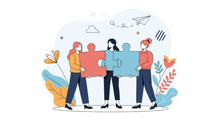 Diverse group of people working together joining puzzle pieces for a successful project