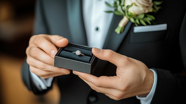 Groom holding wedding ring box. Close-up view of a man in a black suit holding a small black box containing a diamond ring