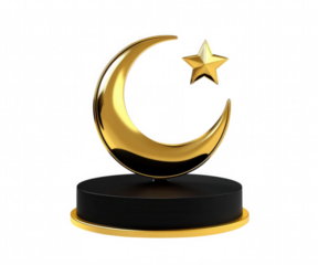 Golden crescent moon and star symbol on black pedestal isolated on transparent background