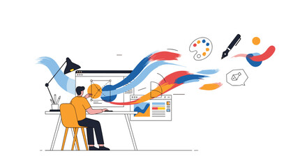 Creative artist designing digital art on computer screen with vibrant brush strokes and tools floating above