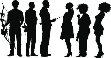 Silhouetted Professions & Personality Pose Set Featuring Archer, Mechanic, Educator, Confident Leader, Thinker, and Casual Character in Black Line Art