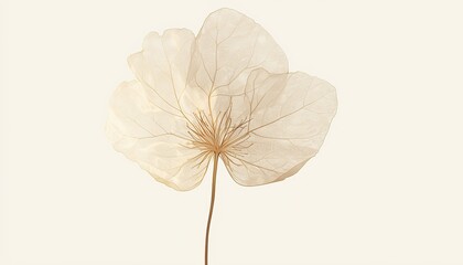 Minimalist Delicate Geranium Leaf with Amber Veins and Curved Stem on White Backdrop