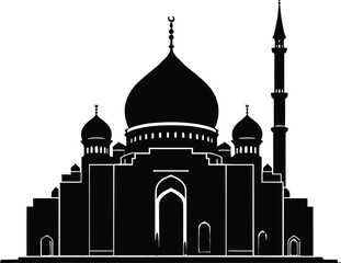 Mosque Silhouette Illustration Featuring Central Dome Flanked by Side Domes and Single Minaret in Minimalist Black Line Art