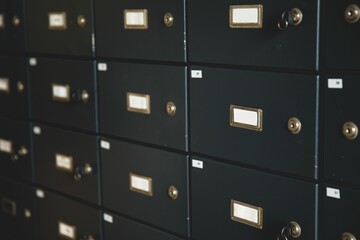 Metal deposit boxes are lining grid wall in flat design, featuring brass locks and label slots