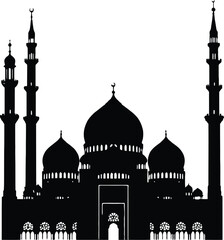 Mosque Architecture Silhouette Illustration Featuring Four Minarets and Layered Dome Structure in Black Line Art