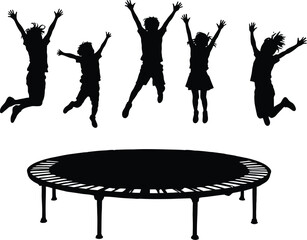 Jumping Joy Silhouette Illustration Featuring Five Children Mid-Air Above Trampoline in Energetic Black Line Art