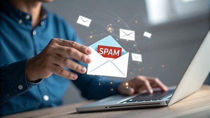 Man Working on Laptop Receiving Numerous Unwanted Messages: Internet Security, Protection from Online Threats.