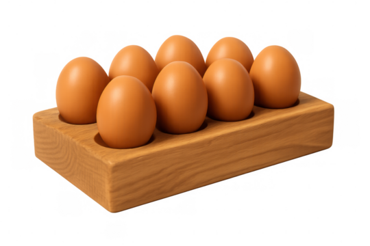 Brown chicken eggs nestling inside rustic wooden tray, positioned on clean white surface, showcasing fresh farm-produced oval shapes