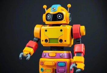 Fototapeta premium Brightly colored robot toy with multiple moving parts, game, cute