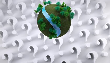 Earth with trees floating over question marks