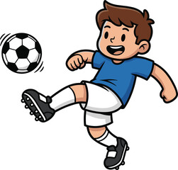 Cartoon boy playing soccer, football kid vector, happy child kicking ball, sports character illustration, smiling athlete, fun game artwork