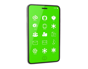 A vibrant green 3D stylized digital device showcasing cheerful app icon shapes on its